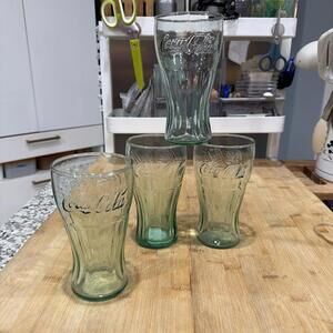 VTG Coke Coca Cola Libby Flared Glasses 16oz Set of 4 Pale Teal Green Minty 6” *